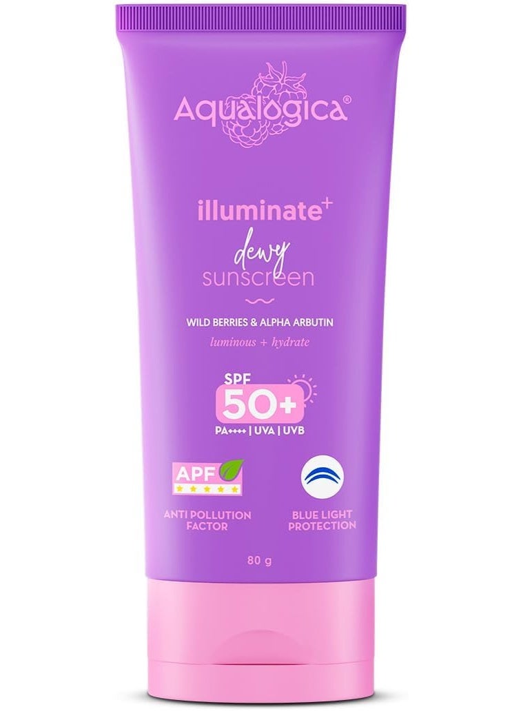 Aqualogica lluminate+ Dewy All Skin Type Sunscreen Spf 50+ Pa+ With Wild BerriesΑ Arbutin - 80 G Protection Against Uva/Uvb &Blue Light Protection Fragrance-Free For Luminous&Sun Protected Skin - Image 1