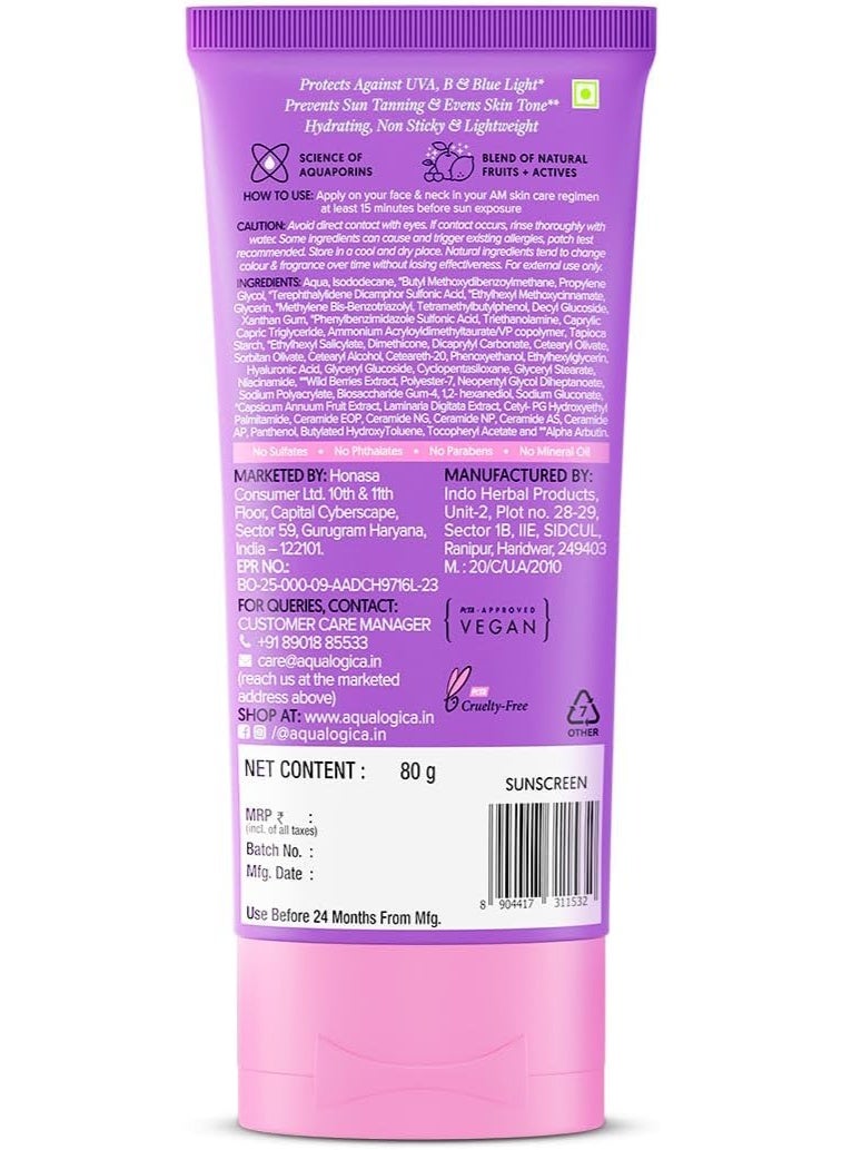 Aqualogica lluminate+ Dewy All Skin Type Sunscreen Spf 50+ Pa+ With Wild BerriesΑ Arbutin - 80 G Protection Against Uva/Uvb &Blue Light Protection Fragrance-Free For Luminous&Sun Protected Skin - Image 2