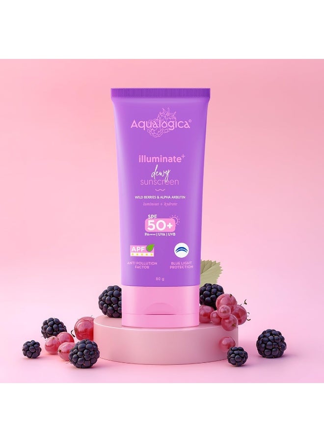 Aqualogica lluminate+ Dewy All Skin Type Sunscreen Spf 50+ Pa+ With Wild BerriesΑ Arbutin - 80 G Protection Against Uva/Uvb &Blue Light Protection Fragrance-Free For Luminous&Sun Protected Skin - Image 3