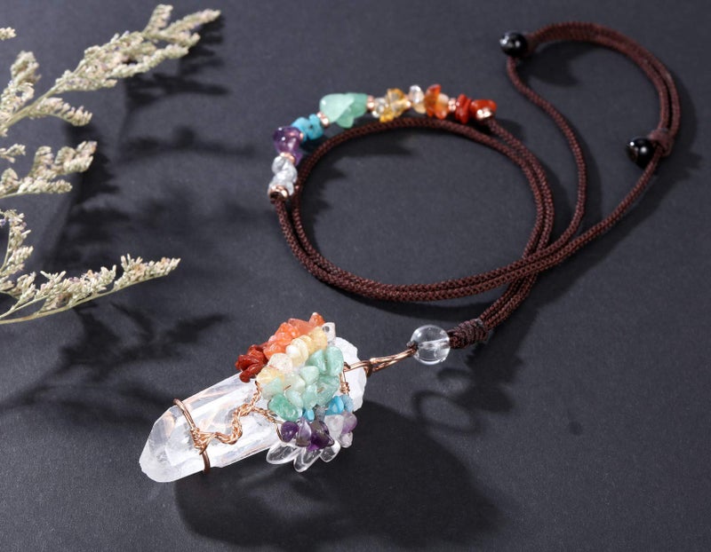 Jovivi 7 Chakra Gemstone Healing Crystals Necklace Wire Wrapped Natural Raw Clear Quartz Crystal Stone Pointed Pendant Necklace Adjustable Rope - Image 2