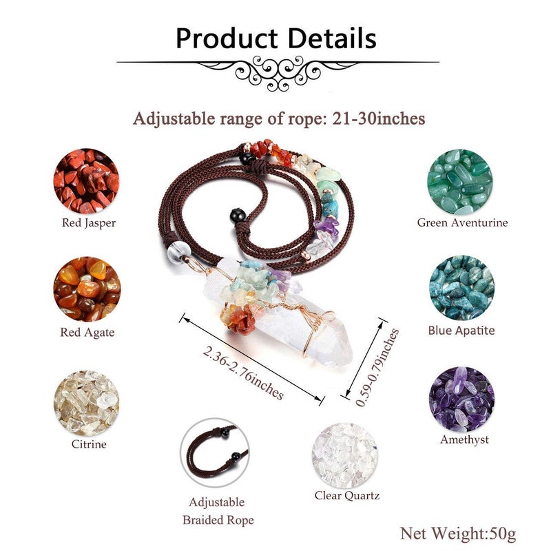 Jovivi 7 Chakra Gemstone Healing Crystals Necklace Wire Wrapped Natural Raw Clear Quartz Crystal Stone Pointed Pendant Necklace Adjustable Rope - Image 4
