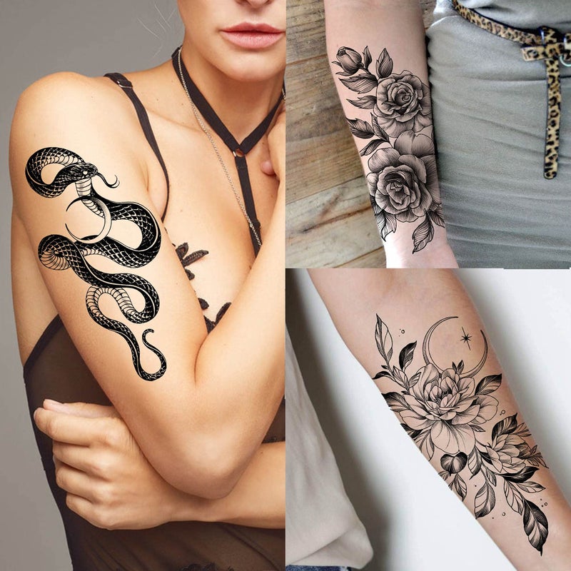 Bilizar 64 Sheets Long Lasting Flower Temporary Fake Tattoos For Women Arm Neck, Jellyfish Sunflower Moon Rose For Adults Girl, 3D Temp Realistic Snake Tatoo Stickers Serpent Peony Floral Kids - Image 3