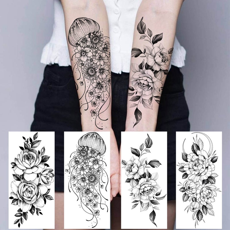 Bilizar 64 Sheets Long Lasting Flower Temporary Fake Tattoos For Women Arm Neck, Jellyfish Sunflower Moon Rose For Adults Girl, 3D Temp Realistic Snake Tatoo Stickers Serpent Peony Floral Kids - Image 2