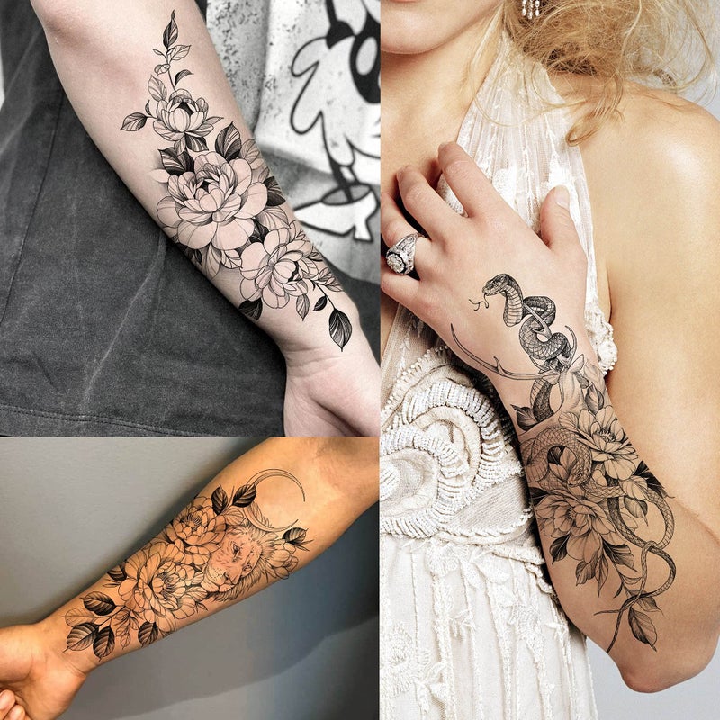 Bilizar 64 Sheets Long Lasting Flower Temporary Fake Tattoos For Women Arm Neck, Jellyfish Sunflower Moon Rose For Adults Girl, 3D Temp Realistic Snake Tatoo Stickers Serpent Peony Floral Kids - Image 4