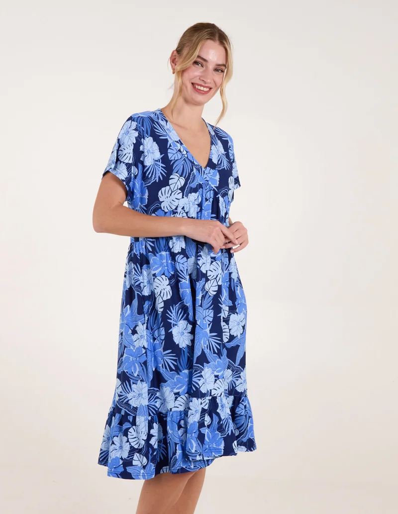 Blue Vanilla Tropical V Neck Smock Style Tunic Dress