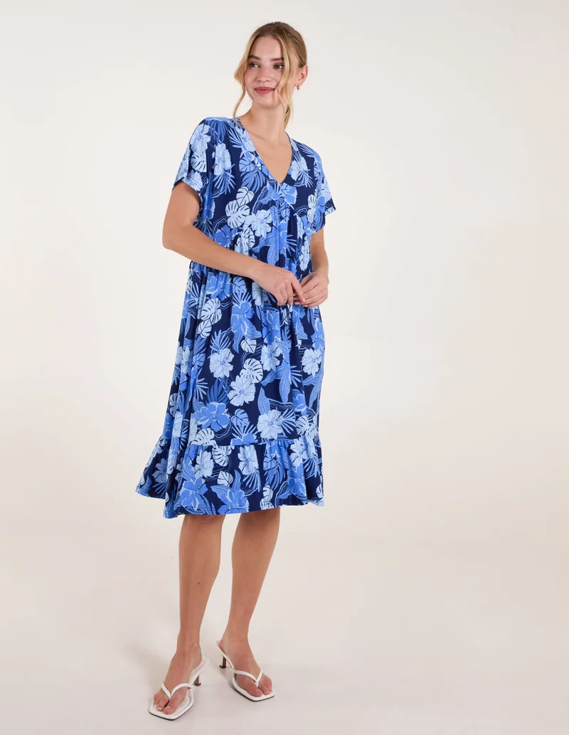 Blue Vanilla Tropical V Neck Smock Style Tunic Dress