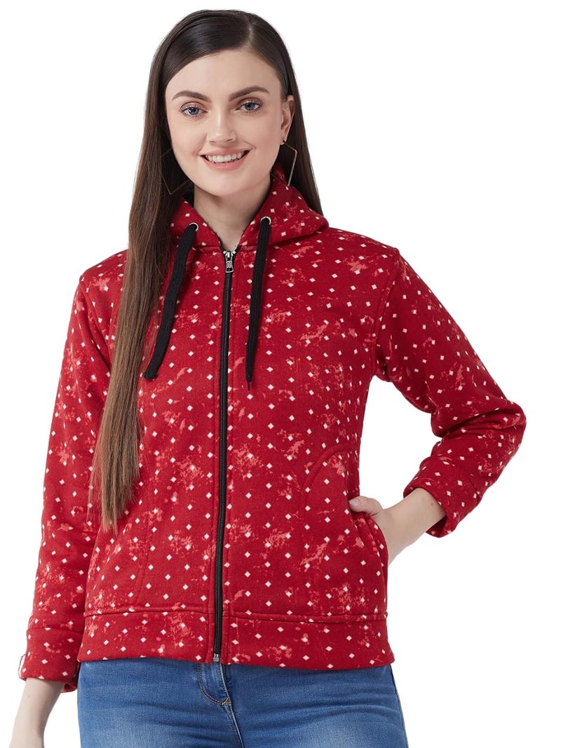 Pivl Women's Fleece Blend Winter hooded Printed Jacket. RED_M - Image 1