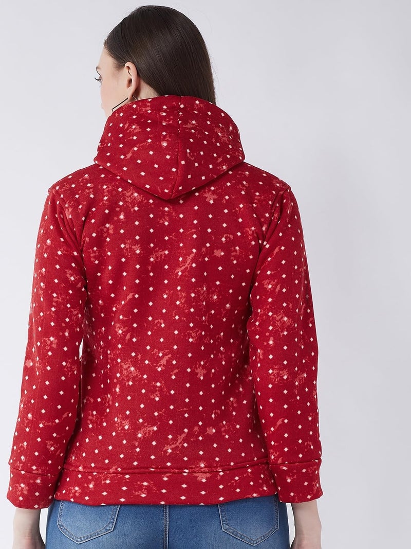 Pivl Women's Fleece Blend Winter hooded Printed Jacket. RED_M - Image 5