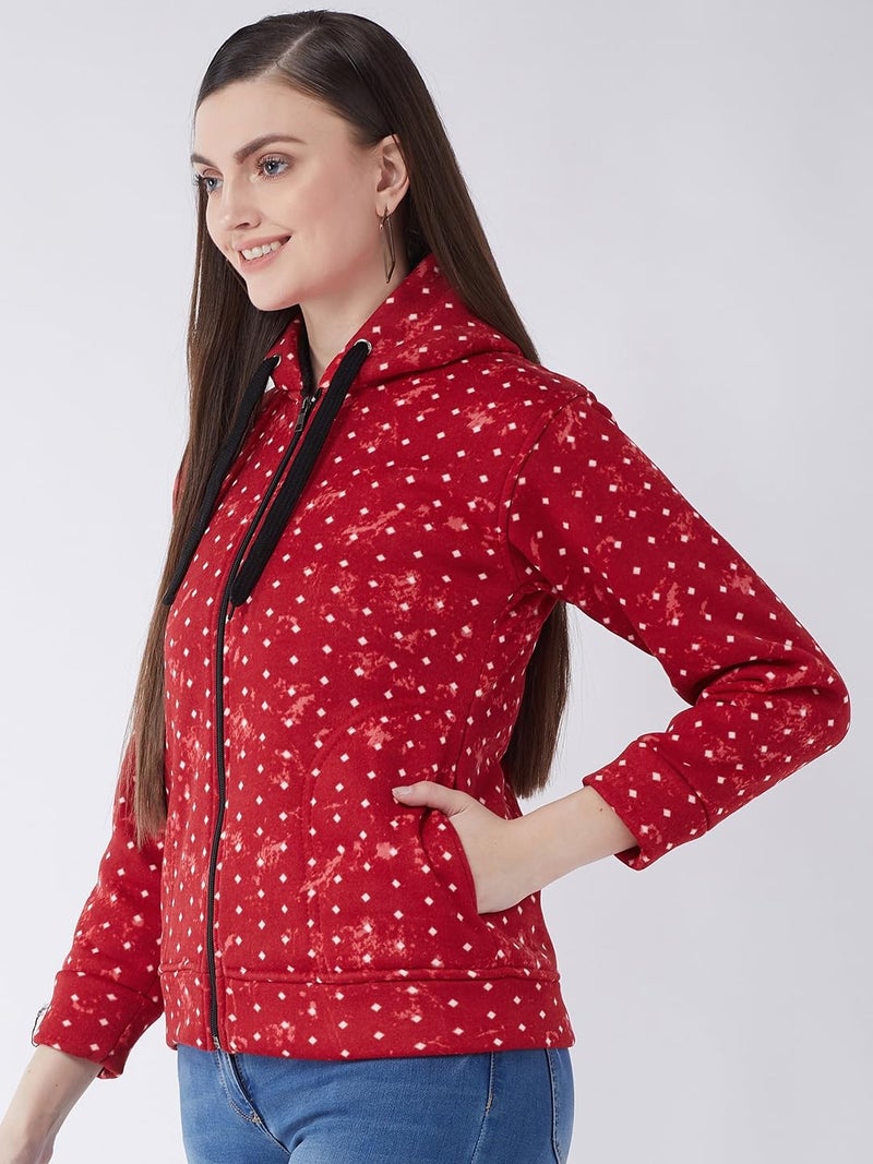 Pivl Women's Fleece Blend Winter hooded Printed Jacket. RED_M - Image 3