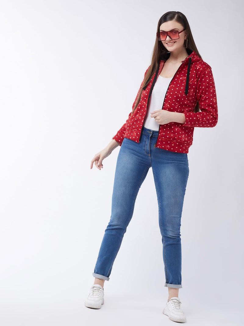 Pivl Women's Fleece Blend Winter hooded Printed Jacket. RED_M - Image 2