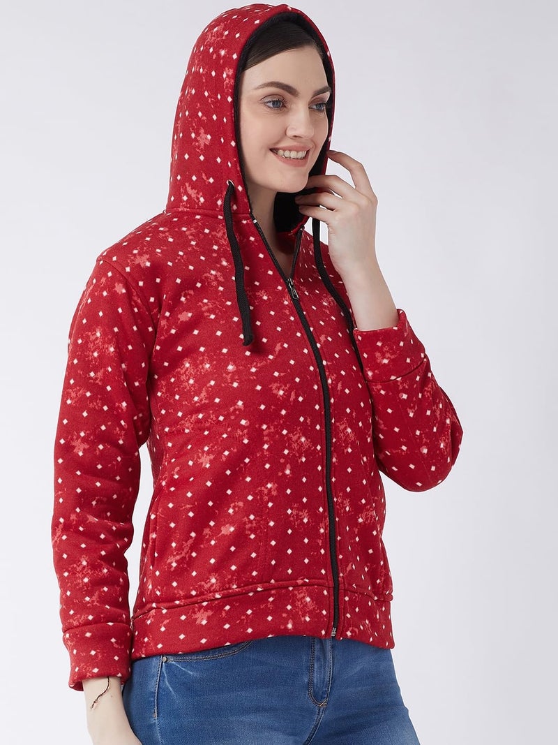 Pivl Women's Fleece Blend Winter hooded Printed Jacket. RED_M - Image 4