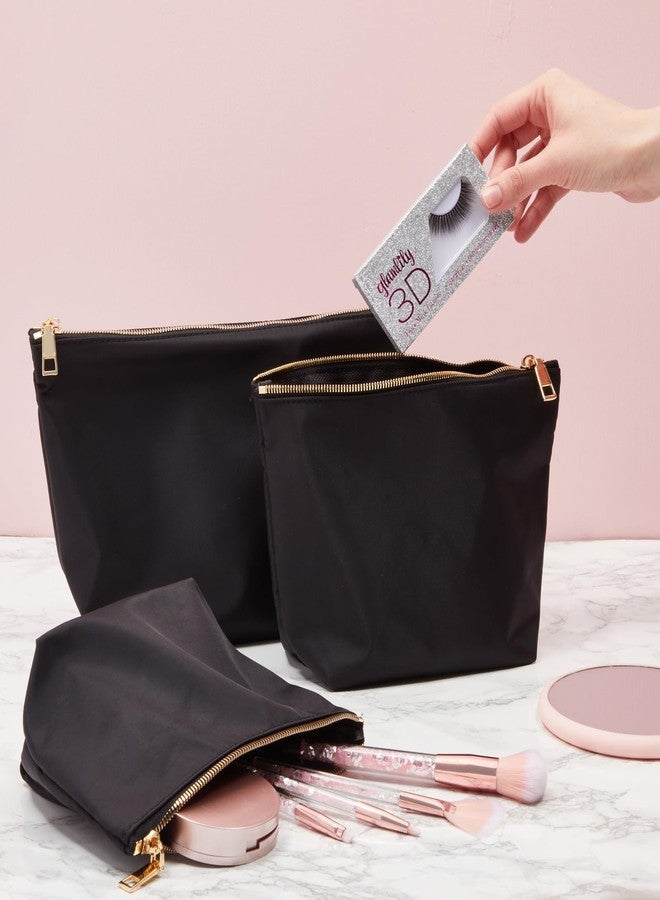 جلامليلي مجموعة حقائب مكياج سوداء من Glamlily مكونة من 3 قطع للنساء، حقائب تنظيم مستحضرات التجميل بسحاب من النايلون للسفر، أدوات النظافة (3 أحجام) - Image 4