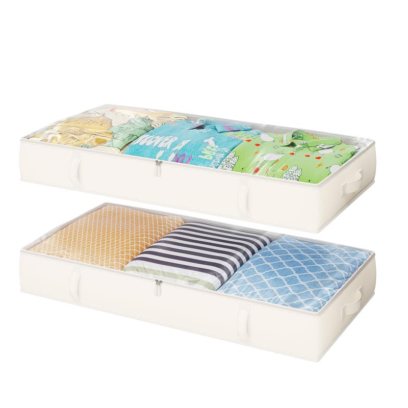 2Pack Under Bed Storage 6 Inches Tall Closet Organizers and Storage Bins with Sturdy SidewallsBottom4 Handles Beige