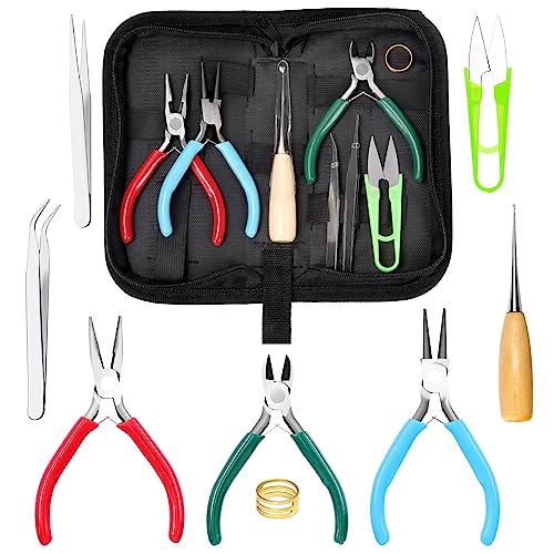 Swpeet 9Pcs 45Inch Jewelry Making Assortments Kit 3 Types Jewelry Pliers Needle Nose Pliers Round Nose Pliers Wire Cutters with Awl Tweezers Thimble Ring Scissors Jewelry Making Supplies - Image 1