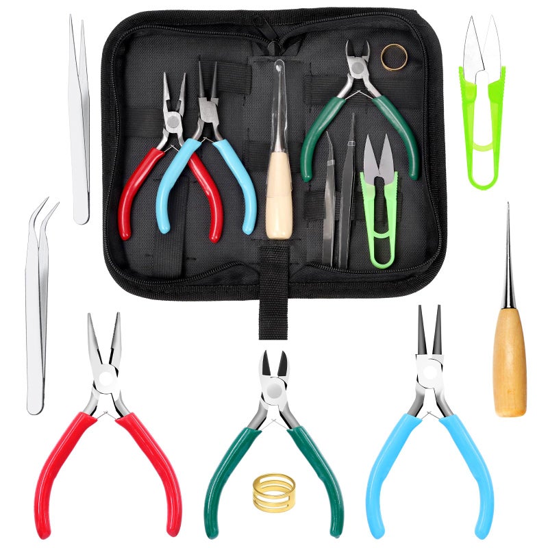 Swpeet 9Pcs 45Inch Jewelry Making Assortments Kit 3 Types Jewelry Pliers Needle Nose Pliers Round Nose Pliers Wire Cutters with Awl Tweezers Thimble Ring Scissors Jewelry Making Supplies - Image 2
