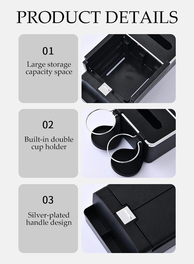 DUNISO Car Armrest Box，3 in 1 Car Armrest Cushion with 2 Cup Holder,Tissue Box and Storage Box，Multifunction Car Armrest Storage Box Organizer with Velcro Strap，Suitable for Most Car，Black - Image 3