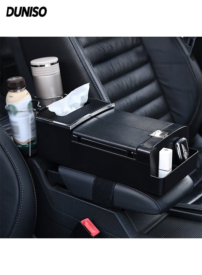 DUNISO Car Armrest Box，3 in 1 Car Armrest Cushion with 2 Cup Holder,Tissue Box and Storage Box，Multifunction Car Armrest Storage Box Organizer with Velcro Strap，Suitable for Most Car，Black - Image 1