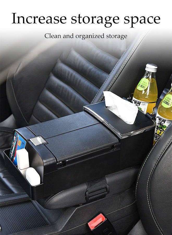 DUNISO Car Armrest Box，3 in 1 Car Armrest Cushion with 2 Cup Holder,Tissue Box and Storage Box，Multifunction Car Armrest Storage Box Organizer with Velcro Strap，Suitable for Most Car，Black - Image 4