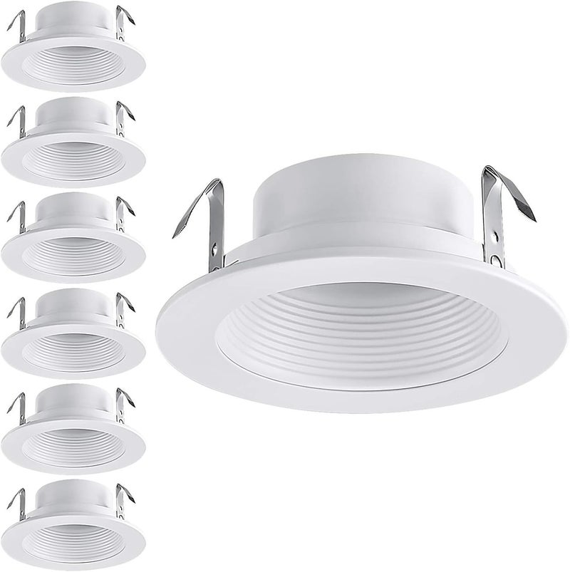 TORCHSTAR 4 Inch Classic White Recessed Light Trim, Metal Step Baffle Trim, Fit Halo/Juno Remodel Recessed Housing, 4 Inch Can Light Trim for PAR16, PAR20, BR20, White, Pack of 6 - Image 1
