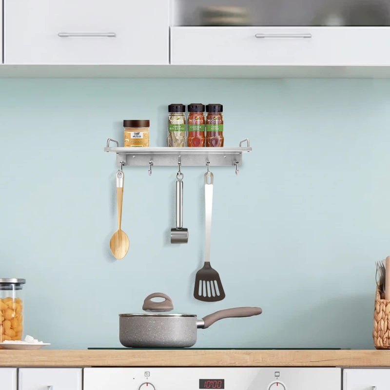 Audmore Kitchen Utensil Rack, Spice Rack with Hooks Wall Mount, Over the Stove Shelf, Stainless Steel, Hanging Storage Wall Shelf for Spatula Spoon, Seasoning Jar Organizer - Image 5