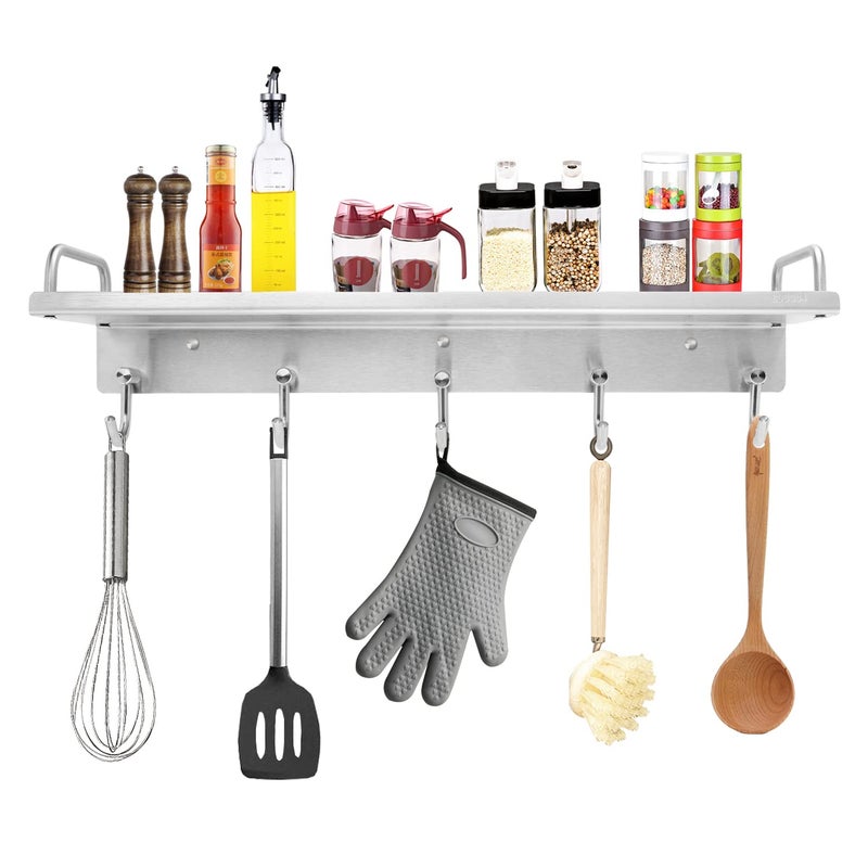 Audmore Kitchen Utensil Rack, Spice Rack with Hooks Wall Mount, Over the Stove Shelf, Stainless Steel, Hanging Storage Wall Shelf for Spatula Spoon, Seasoning Jar Organizer - Image 1