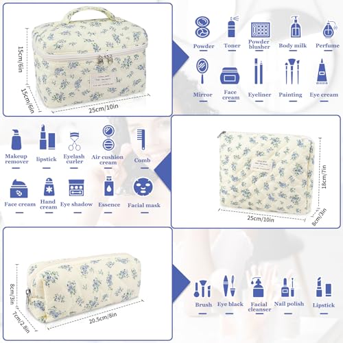 Gosect Makeup Bag Set, Quilted Makeup Bag, Large Floral Cosmetic Bag for Women, Cute Cotton Makeup Bags, Flower Travel Toiletry Organizer Bag (Blue Floer) - Image 2