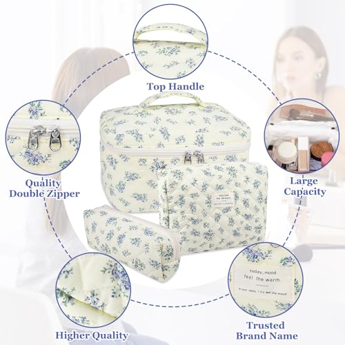 Gosect Makeup Bag Set, Quilted Makeup Bag, Large Floral Cosmetic Bag for Women, Cute Cotton Makeup Bags, Flower Travel Toiletry Organizer Bag (Blue Floer) - Image 3