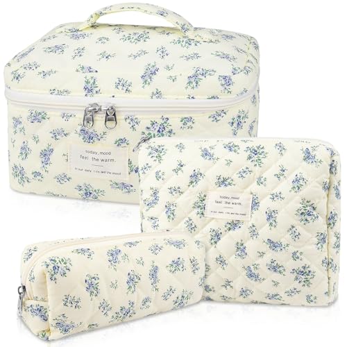 Gosect Makeup Bag Set, Quilted Makeup Bag, Large Floral Cosmetic Bag for Women, Cute Cotton Makeup Bags, Flower Travel Toiletry Organizer Bag (Blue Floer) - Image 1