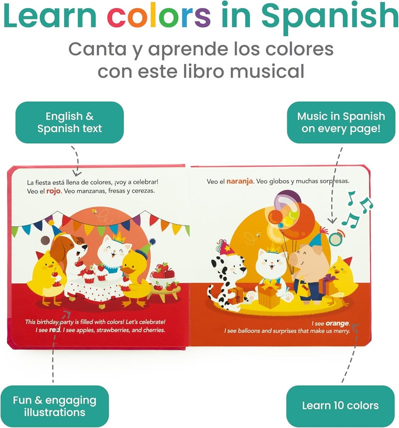 Binibi Store Spanish Musical Book Colors at The Birthday Party | Spanish Learning for Kids | Bilingual Book for Babies & Toddlers 1-3 | Libro en español para bebés - Image 2