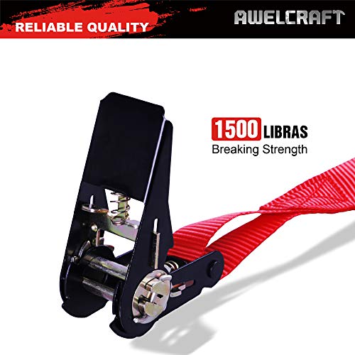 AWELCRAFT Ratchet Straps, 1500 lbs Breaking Strength - Premium 4X 15ft Tie Down Strap Set, 4X Soft Loops for Moving Appliances, Lawn Equipment, Motorcycle (Red) - Image 3