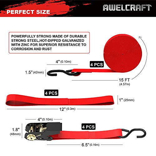 AWELCRAFT Ratchet Straps, 1500 lbs Breaking Strength - Premium 4X 15ft Tie Down Strap Set, 4X Soft Loops for Moving Appliances, Lawn Equipment, Motorcycle (Red) - Image 2