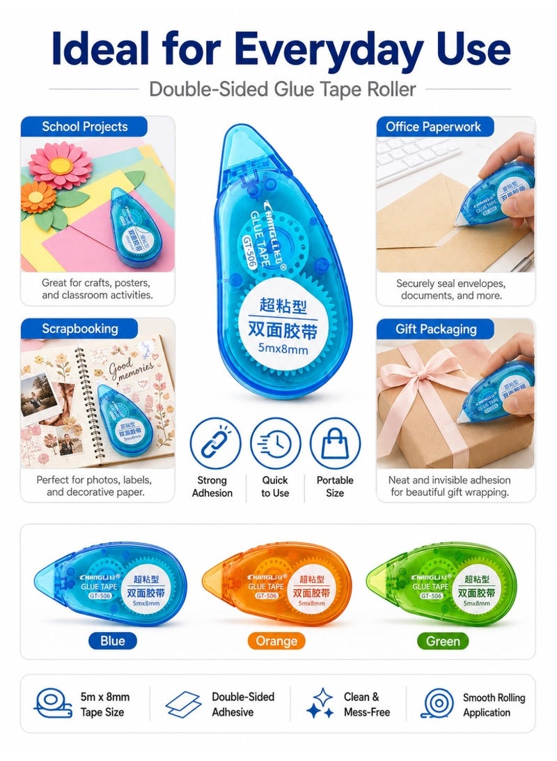 Changli 3 Pcs Double Sided Tape Roller, 8 mm x 5 m Each Glue Tape Roller, Easy Control Adhesive Tape Runner for Scrapbooking, Card Making, School Office and Journaling Supplies, Assorted Colors - Image 2