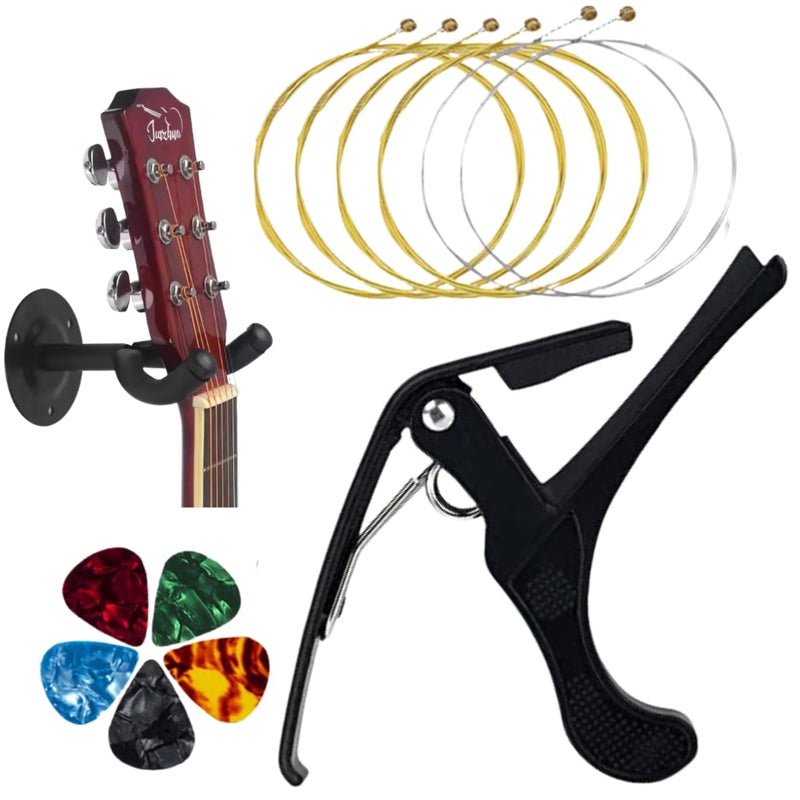 TechBlaze Combo of Acoustic Guitar One Handed Trigger Quick Change Capo with Wall Mount Hanger/Hook with 6 Strings & 5 Picks for Classic & Acoustic Guitar Accessory - Image 1