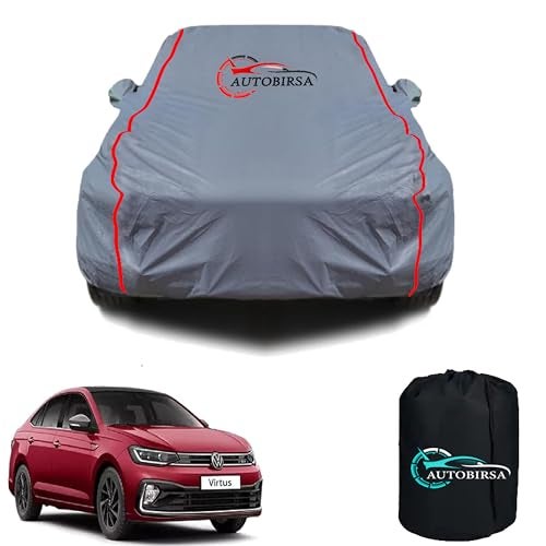 AUTOBIRSA Waterproof Car Cover Compatible with Volkswagen Virtus Free Bag and Mirror with Antenna Pocket, 100% All Weather Proof Cover with Custom Fit Grey Colour. - Image 1