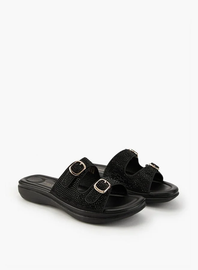Flora Bella By Shoexpress Embellished Buckle Detail Slip-On Sandals