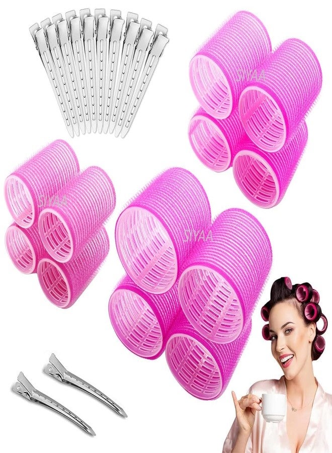 SIYAA:- Self Grip Hair Rollers Curlers 24 Pcs Set with 12Pcs Heatless Hair Rollers 3 Sizes (4 Jumbo, 4 Large & 4 Medium) and 12 Pcs Hair Clips for Long Short Thick Fine Thin Hair Volume (pink M-1) - Image 1
