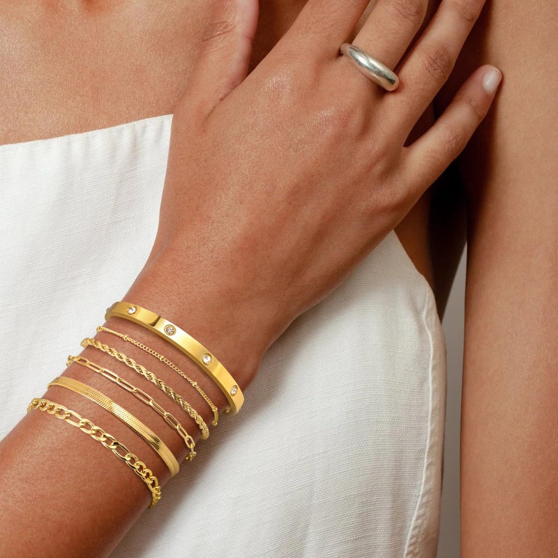 MOINSPIRE Gold Bracelets for Women Non Tarnish, Dainty 18K Gold Plated Bracelets Stack Trendy Waterproof Stackable Bangles, Cuban Link Paperclip Chain Jewelry Set Fashion Accessories Gifts for Women - Image 2