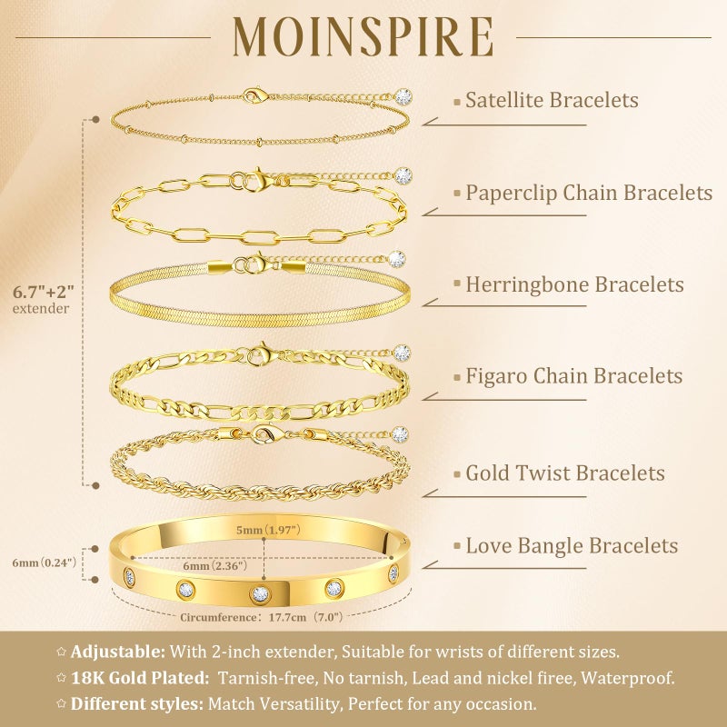 MOINSPIRE Gold Bracelets for Women Non Tarnish, Dainty 18K Gold Plated Bracelets Stack Trendy Waterproof Stackable Bangles, Cuban Link Paperclip Chain Jewelry Set Fashion Accessories Gifts for Women - Image 4