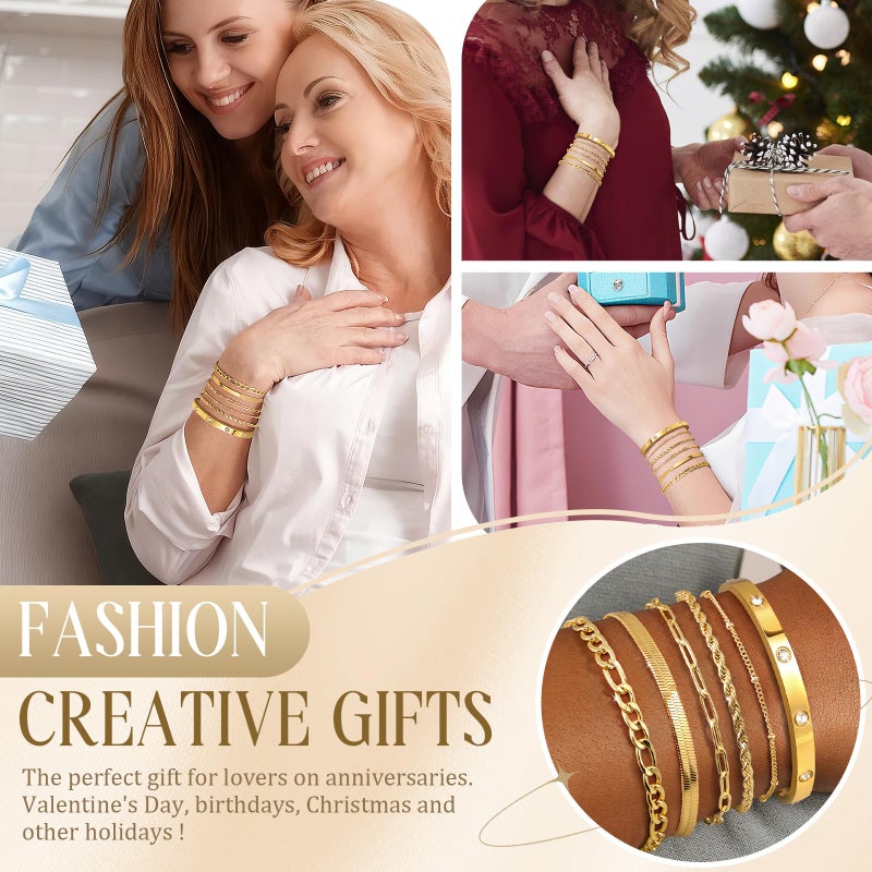 MOINSPIRE Gold Bracelets for Women Non Tarnish, Dainty 18K Gold Plated Bracelets Stack Trendy Waterproof Stackable Bangles, Cuban Link Paperclip Chain Jewelry Set Fashion Accessories Gifts for Women - Image 5
