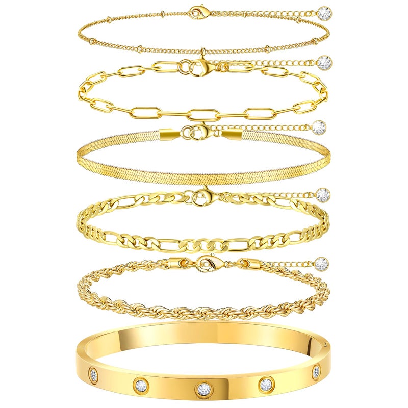 MOINSPIRE Gold Bracelets for Women Non Tarnish, Dainty 18K Gold Plated Bracelets Stack Trendy Waterproof Stackable Bangles, Cuban Link Paperclip Chain Jewelry Set Fashion Accessories Gifts for Women - Image 1