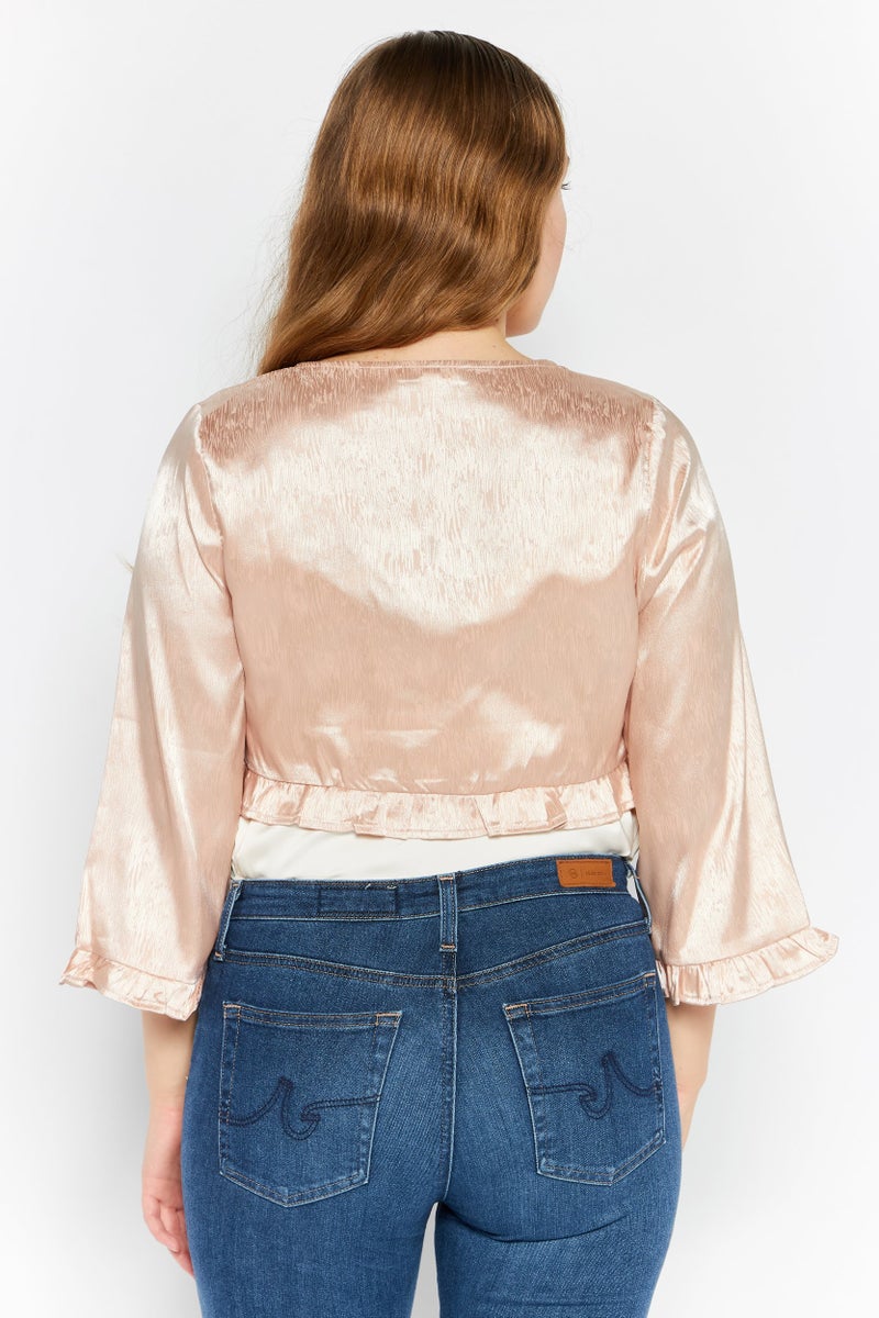 Endless Blu Women V-Neck Long Sleeves Plain Top, Pink - Image 3