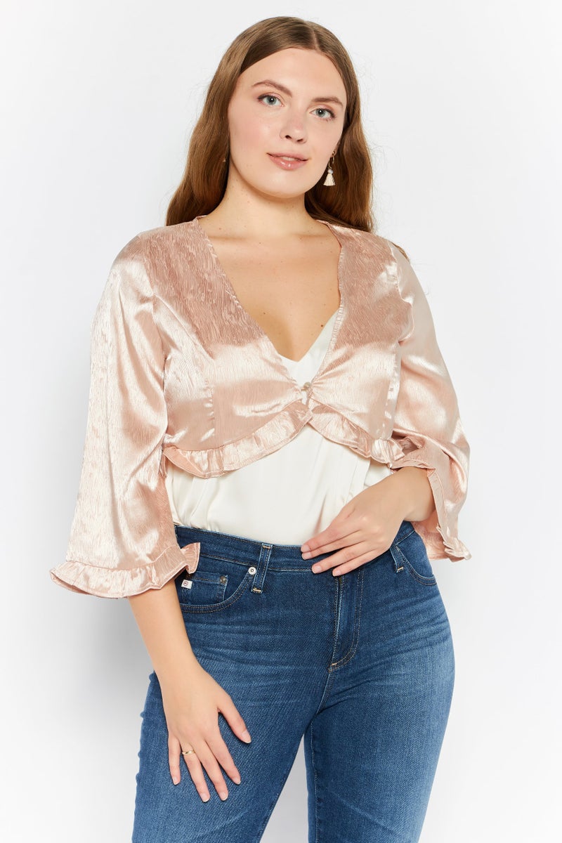 Endless Blu Women V-Neck Long Sleeves Plain Top, Pink - Image 1