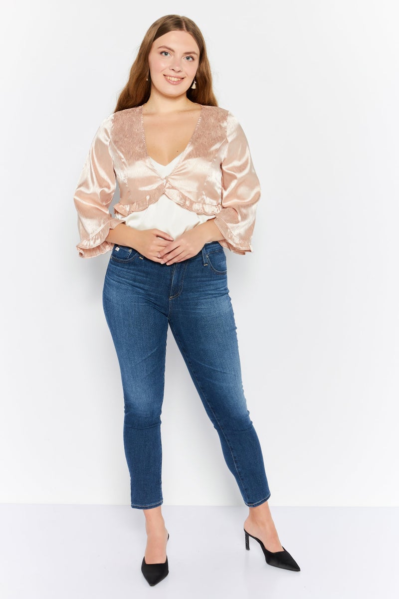 Endless Blu Women V-Neck Long Sleeves Plain Top, Pink - Image 4