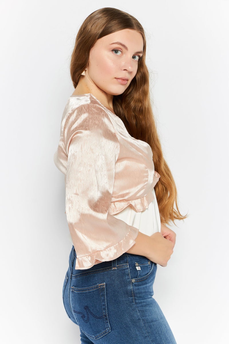 Endless Blu Women V-Neck Long Sleeves Plain Top, Pink - Image 2