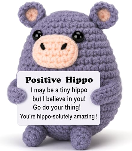 Weming Gift for Women Or Men Small Stuffed Animal for White Elephant Christmas Stocking Stuffers Gray Crochet HippoHippopotamus 4 Handmade Amigurumi Plush with Positive Sign Desk Decor - Image 1