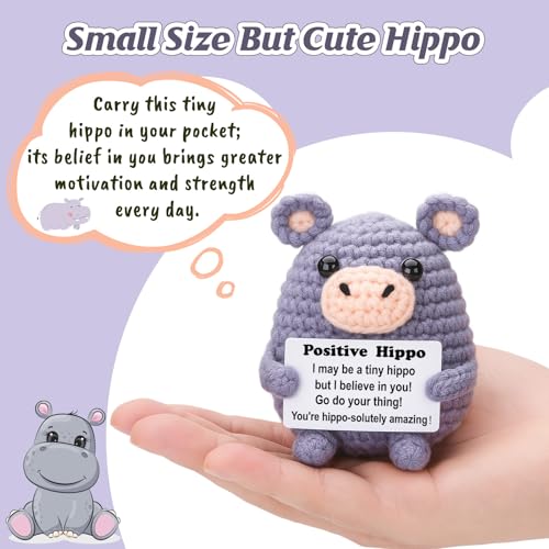 Weming Gift for Women Or Men Small Stuffed Animal for White Elephant Christmas Stocking Stuffers Gray Crochet HippoHippopotamus 4 Handmade Amigurumi Plush with Positive Sign Desk Decor - Image 5