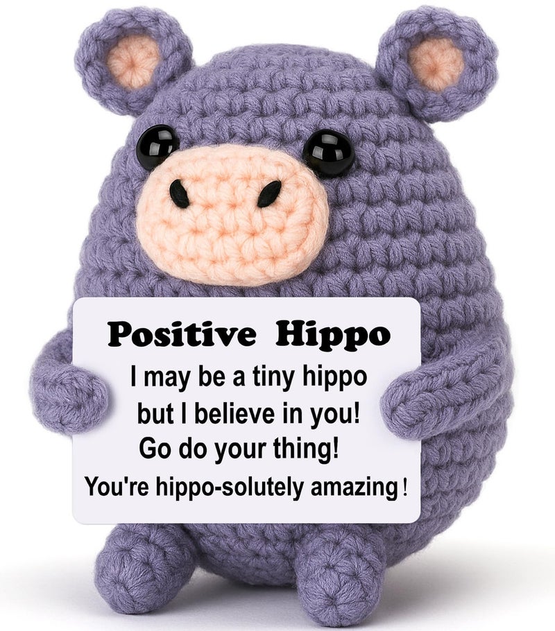 Weming Gift for Women Or Men Small Stuffed Animal for White Elephant Christmas Stocking Stuffers Gray Crochet HippoHippopotamus 4 Handmade Amigurumi Plush with Positive Sign Desk Decor - Image 3