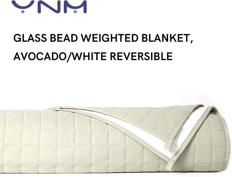 YnM Exclusive Weighted Blanket, Soothing Cotton/Polyester, Smallest Compartments, Bed Blanket for One Person of 190lbs, Ideal for Queen/King Bed (60x80 Inches, 20 Pounds, Avocado/White Reversible) - Image 2