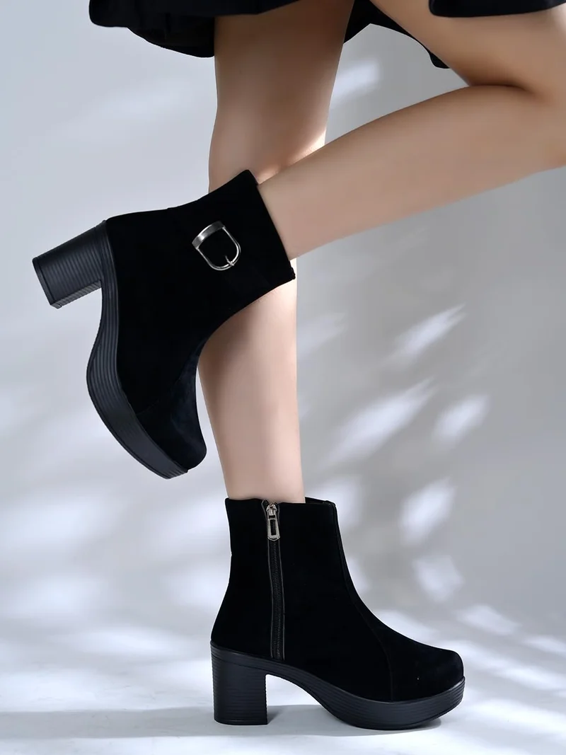 Shoetopia Shoetopia Women’s Black Ankle Boots with Block Heel and Side Zipper – Stylish Suede Finish Booties with Buckle Detail, Comfortable Everyday Footwear EU41