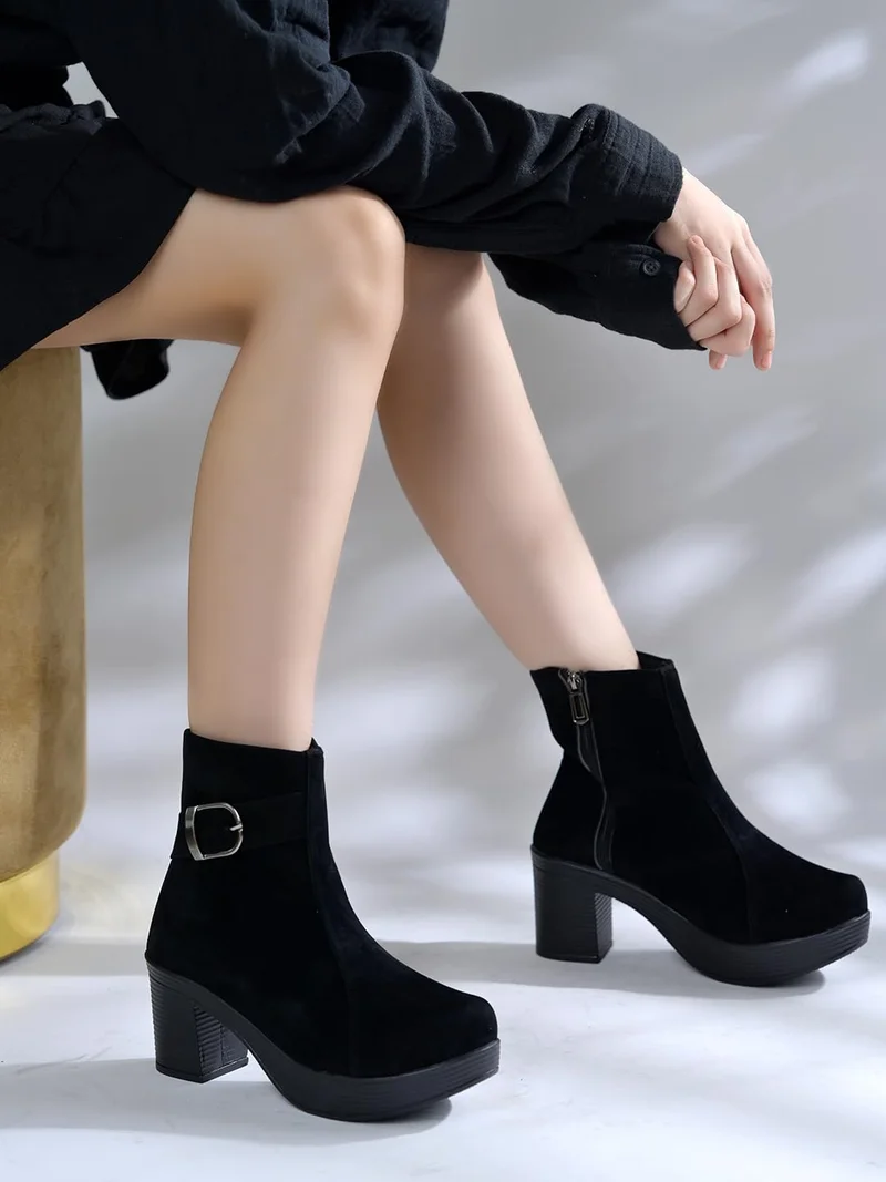 Shoetopia Shoetopia Women’s Black Ankle Boots with Block Heel and Side Zipper – Stylish Suede Finish Booties with Buckle Detail, Comfortable Everyday Footwear EU41